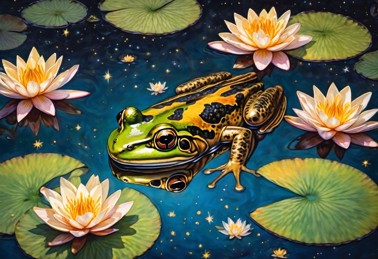 A frog sitting on a lily pad in a still pond, a few large koi gold and black near the surface, a vivid starry sky is reflected on the water, viewed from above
