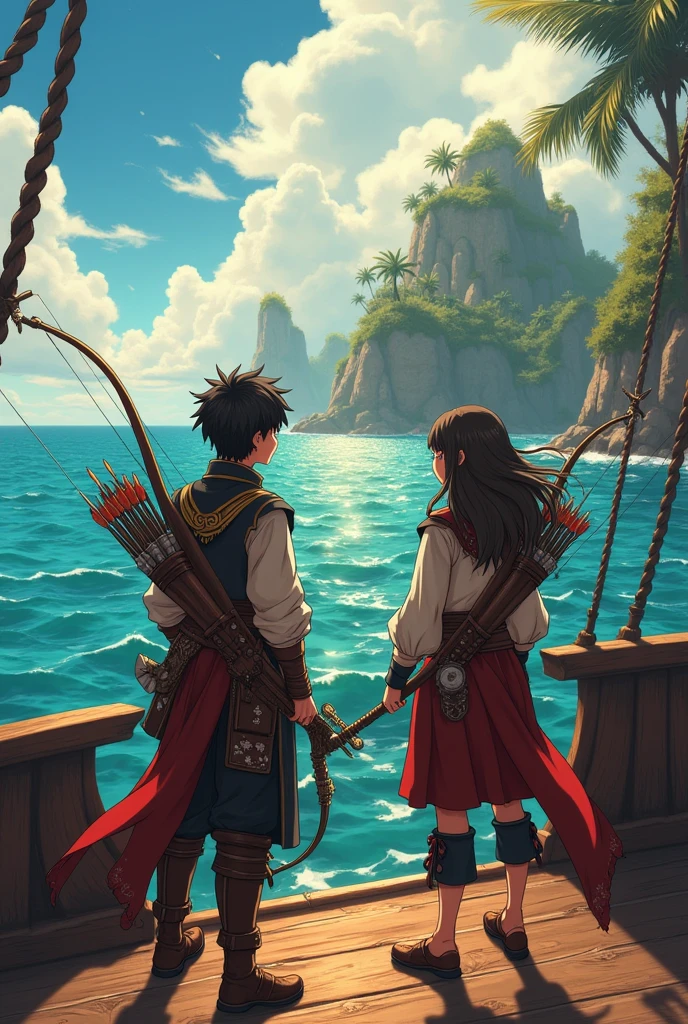 Anime, ung gentleman adults warrior, carrying a beautiful bow and arrow, crossing the sea, looking at the Island, and a sun scenery, make it more realistic Pirate ship