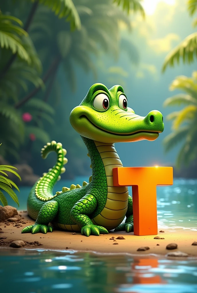 I want a crocodile that has a letter T in front of it that it half covers with its tail as if pointing to the
