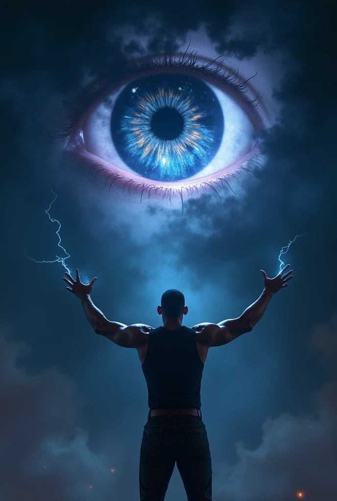 Do Will Smith raising his hands while making energy coming out of his hands and looking at the dark sky with a cosmic dark eye, around the eyes there is black smoke 