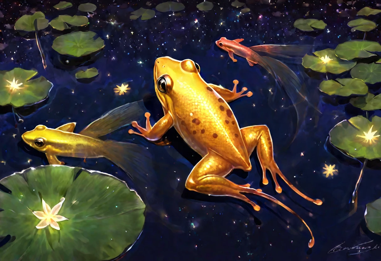 A frog sitting on a lily pad in a still pond, a few large koi gold and black near the surface, a vivid starry sky is reflected on the water, viewed from above