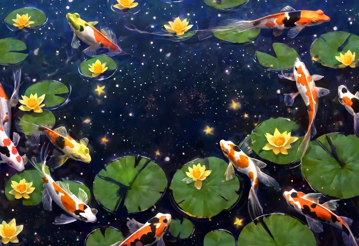 A frog sitting on a lily pad in a still pond, a few large koi gold and black near the surface, a vivid starry sky is reflected on the water, viewed from above
