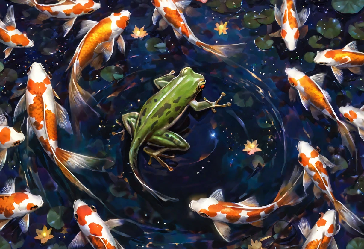 A frog sitting on a lily pad in a still pond, a few large koi gold and black near the surface, a vivid starry sky is reflected on the water, viewed from above