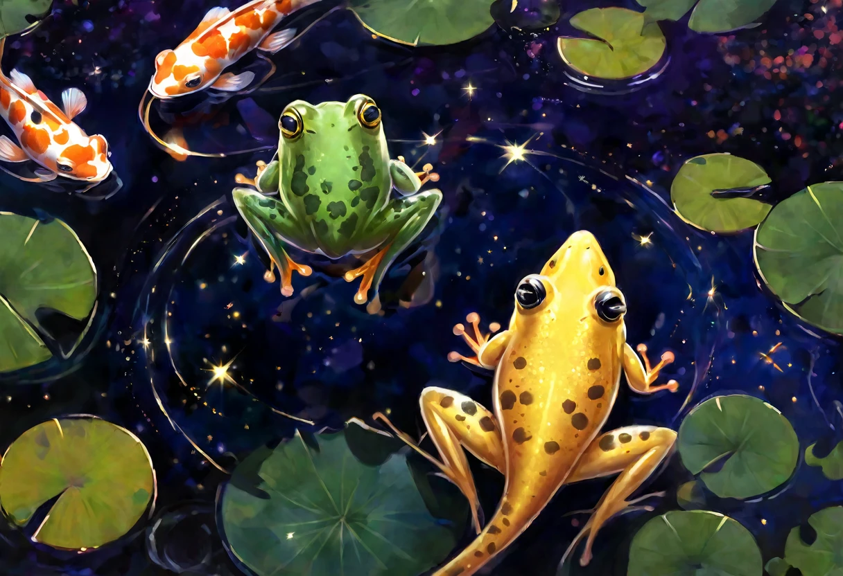 A frog sitting on a lily pad in a still pond, a few large koi gold and black near the surface, a vivid starry sky is reflected on the water, viewed from above