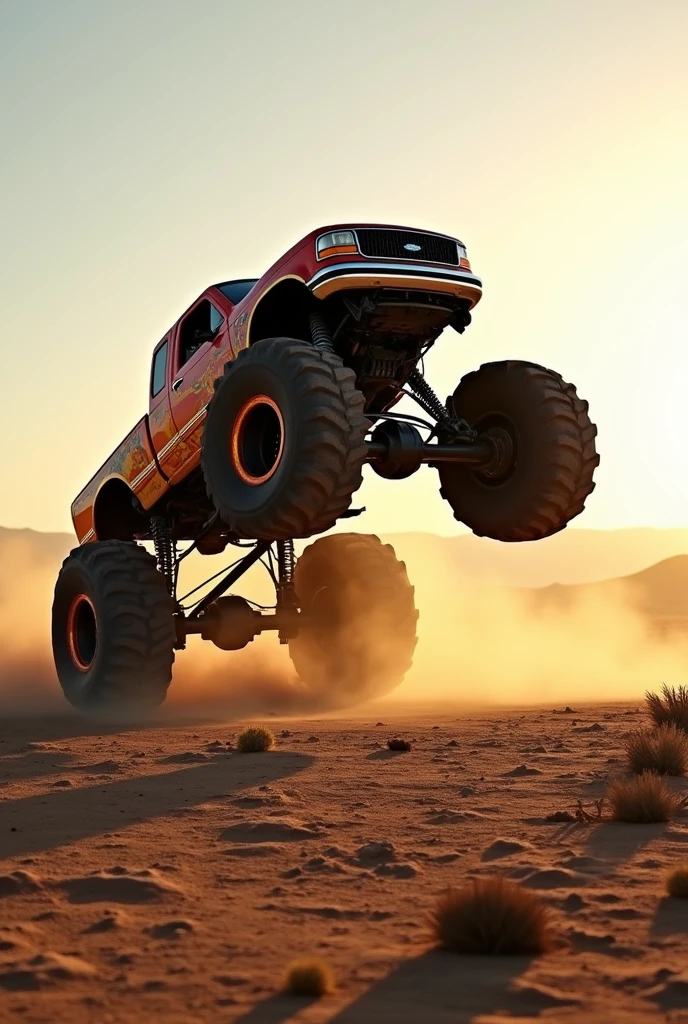high quality, Perfect lighting, (Monster truck running on one wheel)、wasteland
