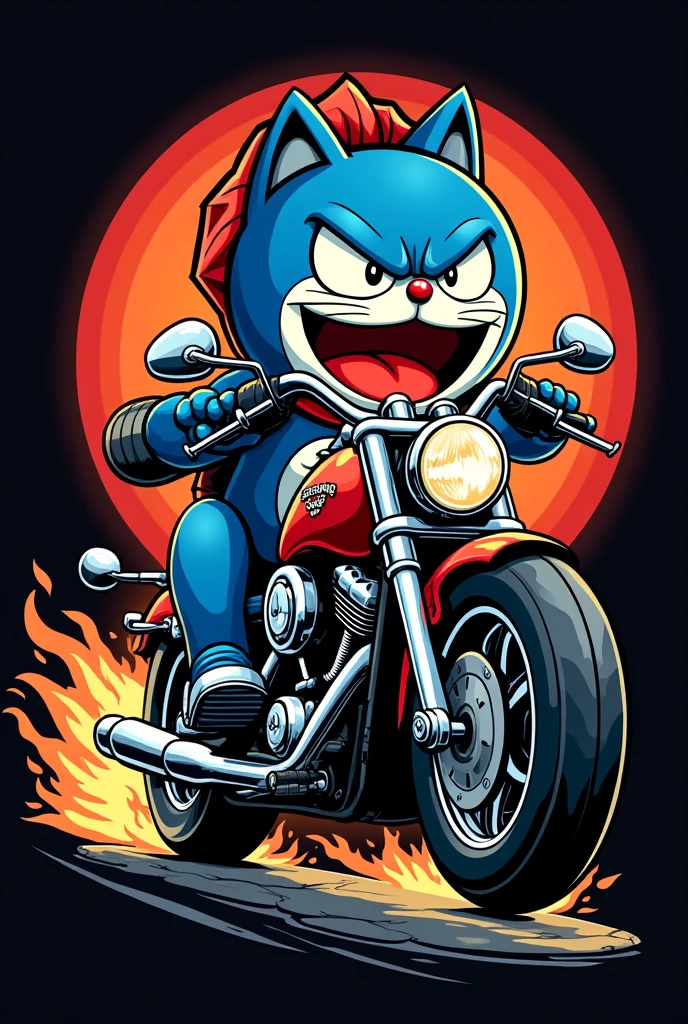 LOGO OF MOTORCYCLE CLUB , TEAM NAME IS GENDUT NGIDE MC , THEME IS ANGRY DORAEMON USING HARLEY