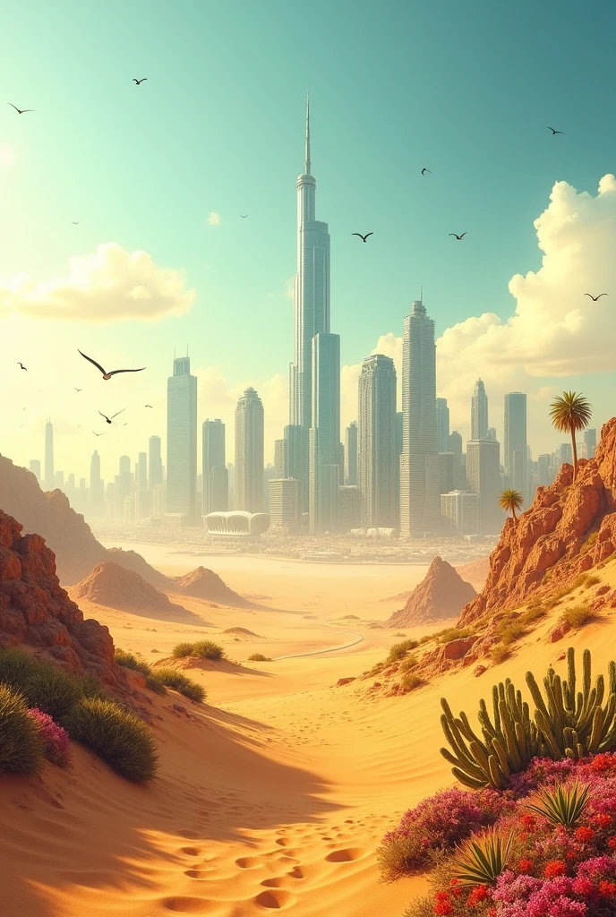 Desert with city behind scene add plants and more things