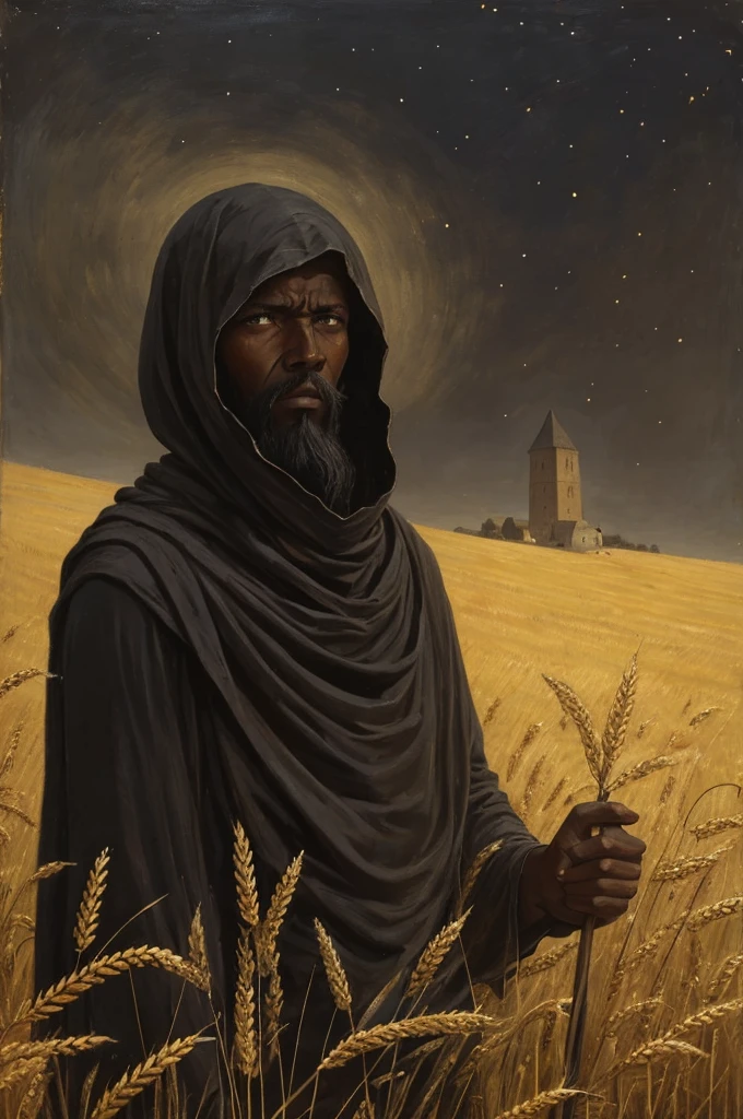 A painting of a young man in a dark wheatfield, Ethiopian medieval peasant, survivor, scuffed face, sad painting, empty defeated eyes, meek, frail, very gaunt, in a golden field at night, empty night sky, pitch-black sky, charcoal colored sky, very tall field, crouching/hiding, petrified, crude art, paint streaks, very low visibility, eerie, close up, messy painting, horrified eyes, hiding in wheat field, midnight, bandages covering stump, missing arm, wounded, plagued, long scruffy hair, scuffed garments, no cowl, scruffy black beard