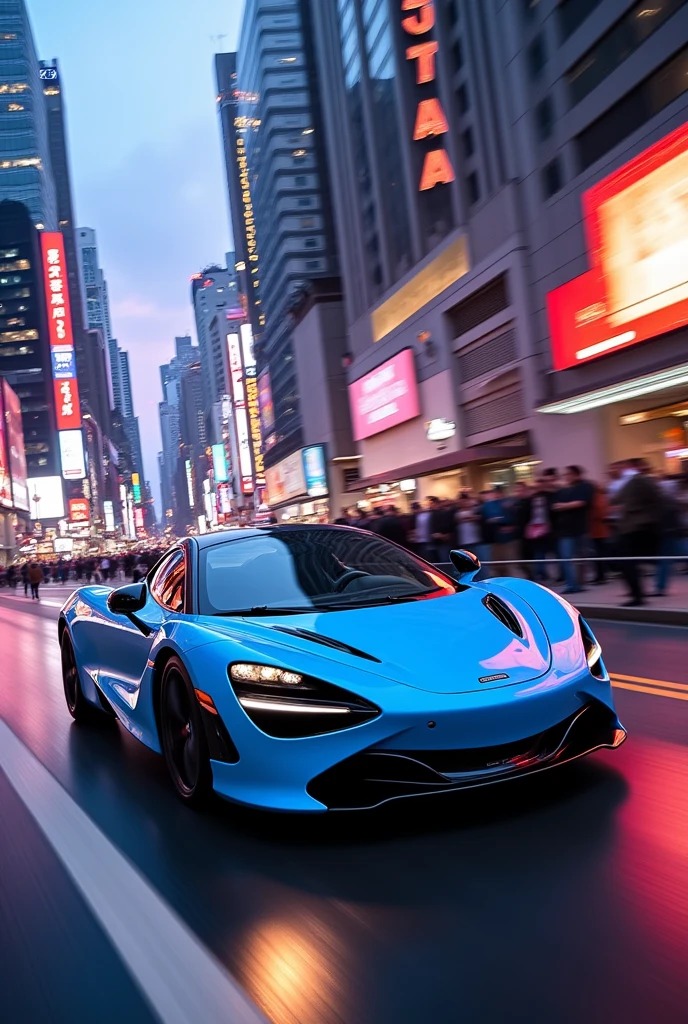 A light blue McLaren racing against the backdrop of the city