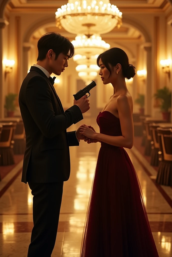 Make singer Jeon Jungkook from BTS with actress Jung So-Min from the drama Alchemy of Souls, both are pointing guns at each other and are wearing formal attire