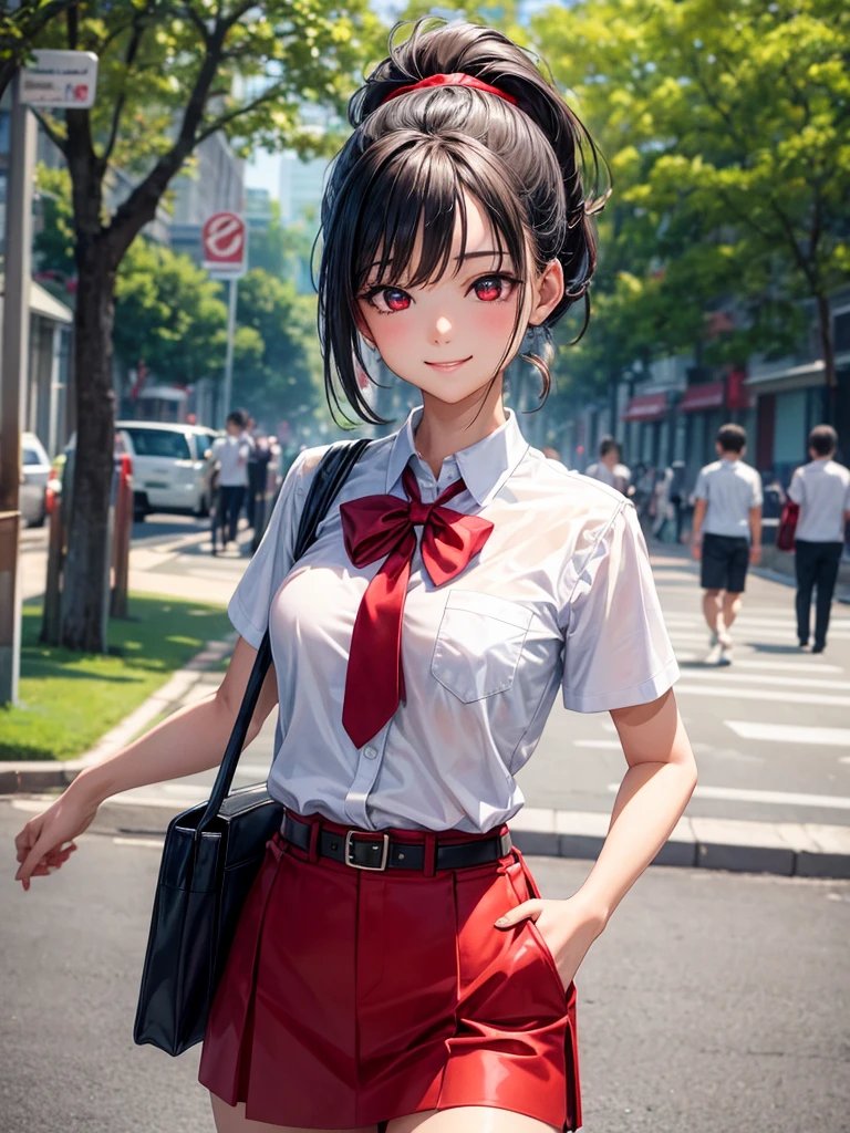 (high resolution, 8ก, Masterpiece, look at viewer, best quality, very beautiful, very detailed, Special background, Ultra Eyes, realistic eyes), complicated details, 1 girl, Silver ponytail, red eyes, White short sleeve shirt, Smiling faces, Left pocket, Wear a red tie, red short skirt, Wear a belt, Carry a bag, กำลังเดินอยู่ในโถงทางเดินของschool, lots of people,ทางเดินด้านหลังschool, school, movie corner