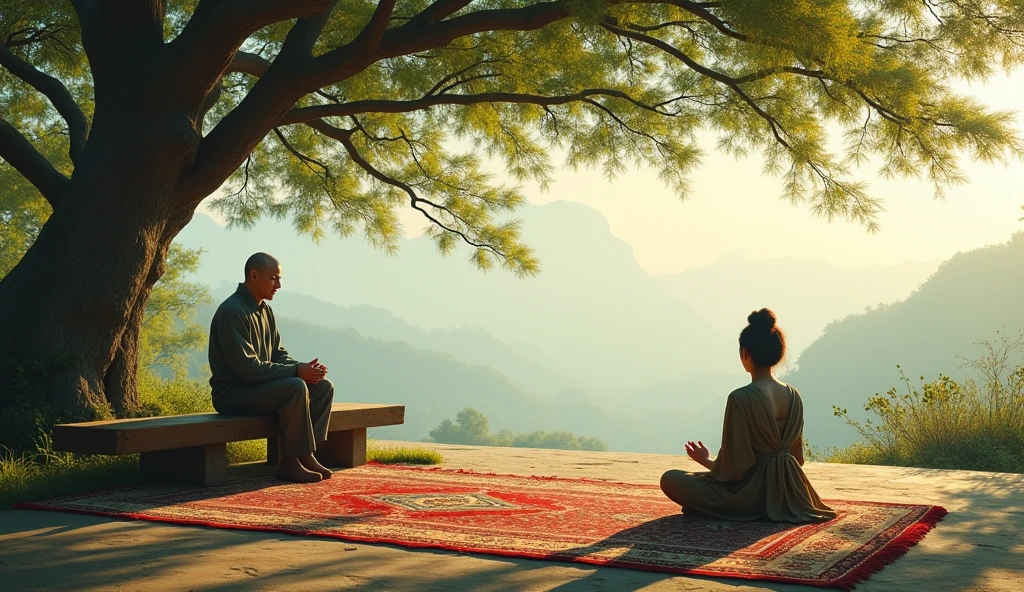 Painting of a man sitting on a bench and a woman sitting on a rug, Buddha教, Buddha教徒, Buddha教徒 art, the Buddha, The Path to Enlightenment, The Path to Enlightenment, Stages of Hindu Meditation, Buddha, Buddha教徒 monk meditating, Beautiful depiction, Spiritual Enlightenment, By John La Gatta, Pray and meditate, Monk meditating, Karma of tomorrow。, Serene landscape