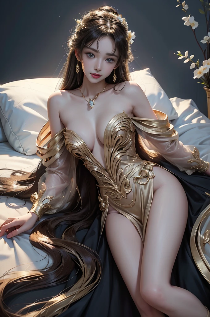 fodress((Girl lying in bed))、A beautiful and moving woman, in an elegant pose, her full breasts on display.,Visible cleavage,Sexy long legs,Variety of slim and cute beauties, Her long hair cascades down her shoulders like a waterfall。She smiles radiantly,Eyes sparkle,Her skin is flawless。Her curves are highlighted。Sparkle in the light,The colors are soft,She lay confidently,One hand on hip,Her posture is both graceful and strong。She wears elegant high heels,Goes well with her outfit。In the warm golden sun。The overall atmosphere of the image is tranquil and uplifting,Emphasizing natural beauty and elegance, Studio Lighting,Bright colors, Sweet maiden, sweet smile, make up,shy,Blush,Parted lips,Heavy breathing,moan,Surrealism,Realism,Movie Lighting,Relief,Sony FE GM,Retina,masterpiece,precise,Anatomically correct,Textured Skin,Super Detail,High Detail,best quality,rich and colorful