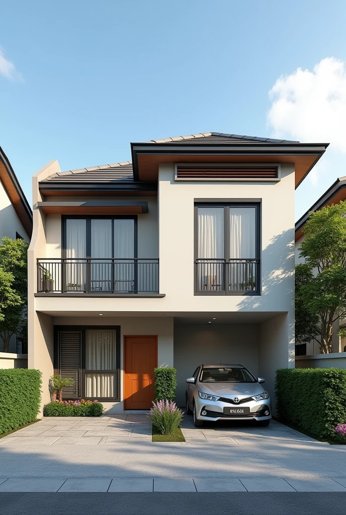 “Create a housing poster advertisement for a double-storey terrace that can fit two parking spaces. Include the name Taman Damaisuria. Then, add information to attract customers, such as flood-free, affordable, spacious & comfortable, and safety/security. Arrange the houses in an orderly manner with a beautiful view.”
