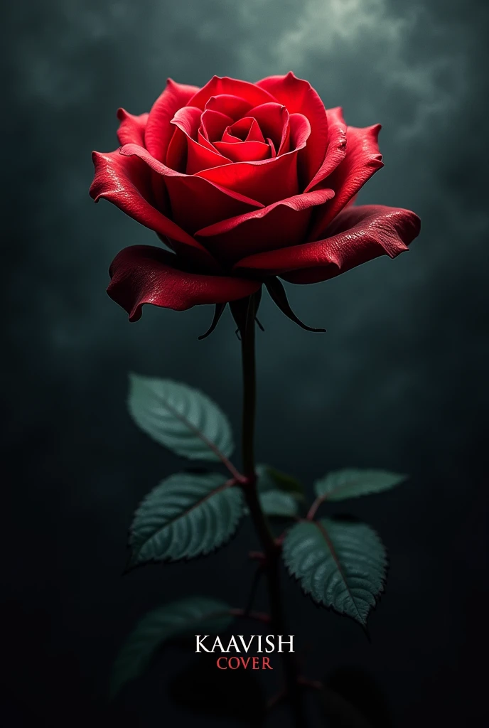 A rose covered in blood with dramatic background in dark shade.. with Font 'KAAVISH COVER' written at the bottom of photo. Dont add any more fonts.