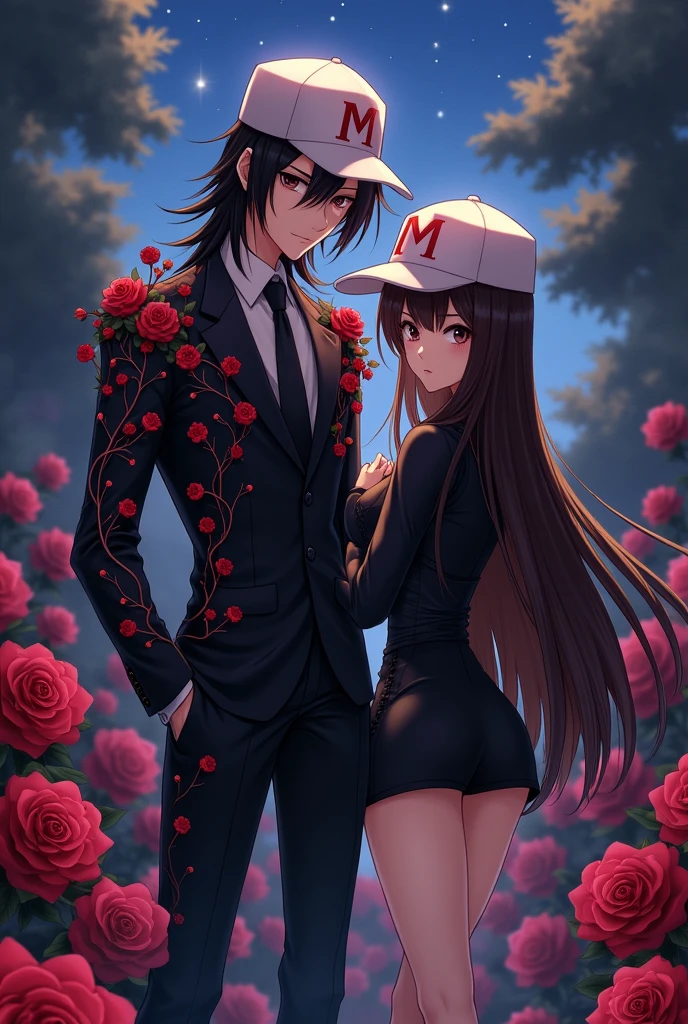 an anime man with black hair and dark brown eyes and he is wearing a black suit with dark red rose vines twirling around his shoulders and he is wearing a white cap which has a M written on it in red and he is standing with an anime woman with long middle brunette hair and dark brown eyes and she is wearing a black outfit with black socks and black boots and she has the same cap as the anime man  