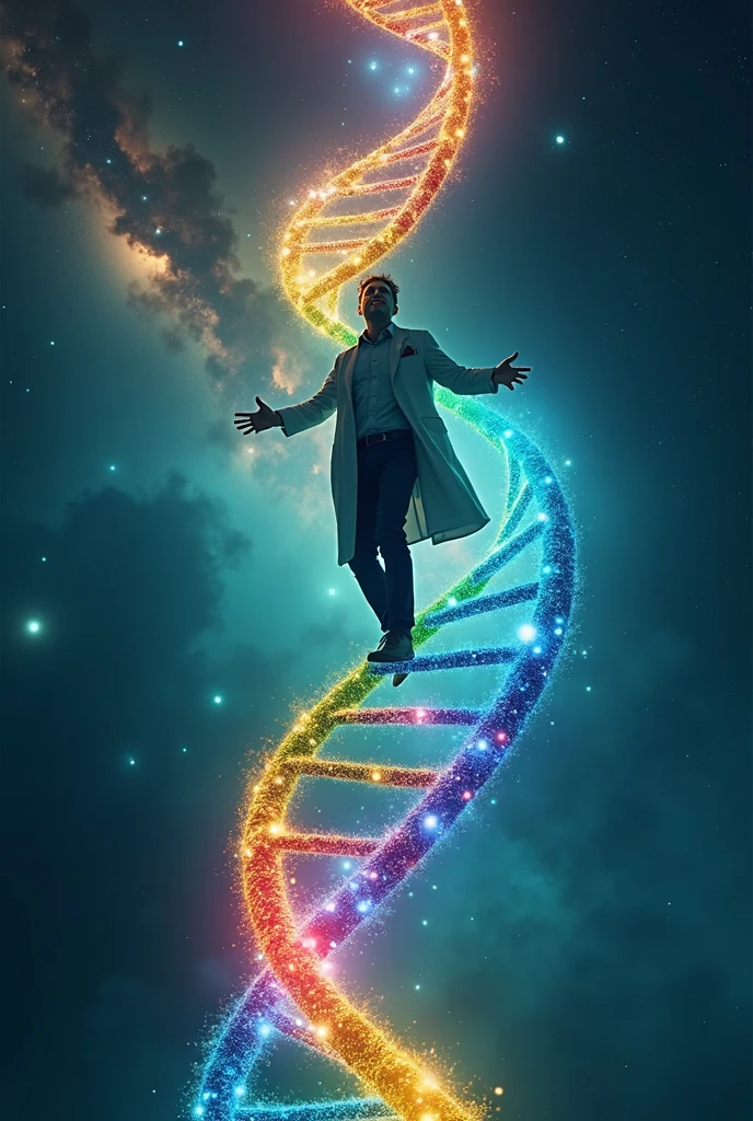 a scientist, surfing a DNA molecule with four bases colours