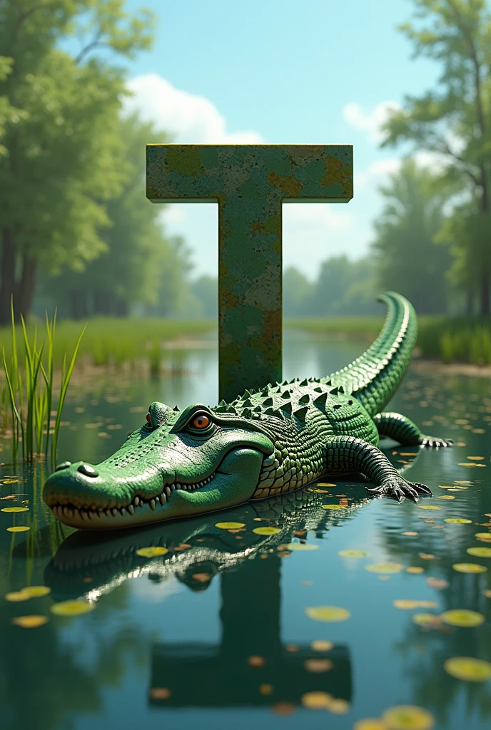 I want a crocodile with a stretched out body that has a letter T in front of it that it half covers with its tail as if pointing to the