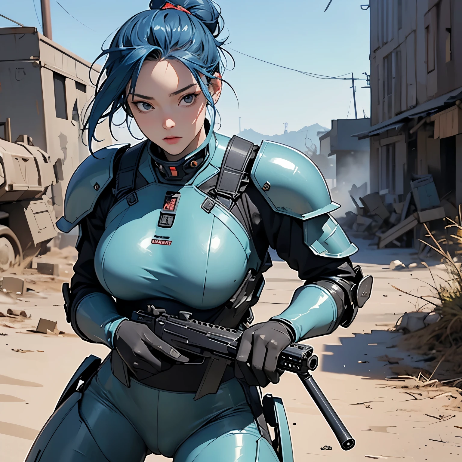 nsfw, anime screencap, 16K, perfect anatomy proportion body, perfect hands, action, A dynamic composition with a sense of speed and movement, (Hold an assault rifle:1.6), a wife, 40age, perfect beautiful delicate sexy face, perfect beautiful delicate drooping eyes, blue hair, hair bun, large breasts, abs, Camouflage-colored heavy armored steam engine full armor powered suit, Many heavily armored robot soldiers are engaged in a firefight in the background., Flying bullets, Ruined ancient city, war, Post-apocalyptic,