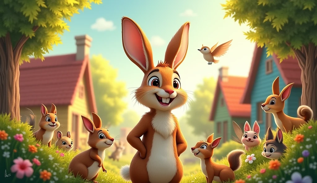 lively rabbit named Ricky with sleek, brown fur and a confident expression, standing in the same village,admired by other animals