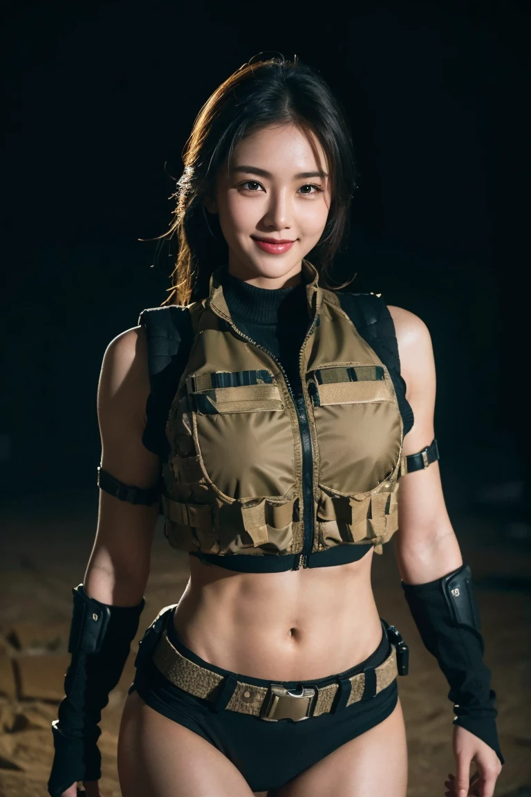 a beautiful girl wearing a tactical vest,Navel, cinematic lighting, masterpiece, anatomically correct, hyperrealistic, detailed skin texture, best quality, award-winning, 4K, super detailed, cowboy shot, light smile