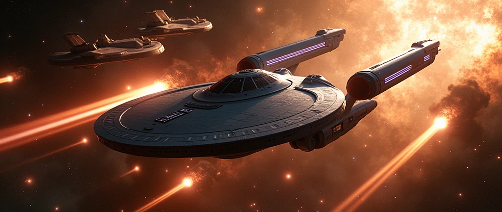the USS Enterprise viewed from the outside, in the midst of an epic space battle. The ship is maneuvering nimbly between explosions, with flashes of crossfire and enemy ships around. The scene is intense and urgent, with palpable tension as the ship faces a massive attack. A heroic beam of light illuminates the Enterprise, enhancing its majestic presence in space. The style is cinematic realism, with precise details on the ship's hull and dramatic lighting that captures the action and emotion of the battle as if it were a scene from a science fiction movie