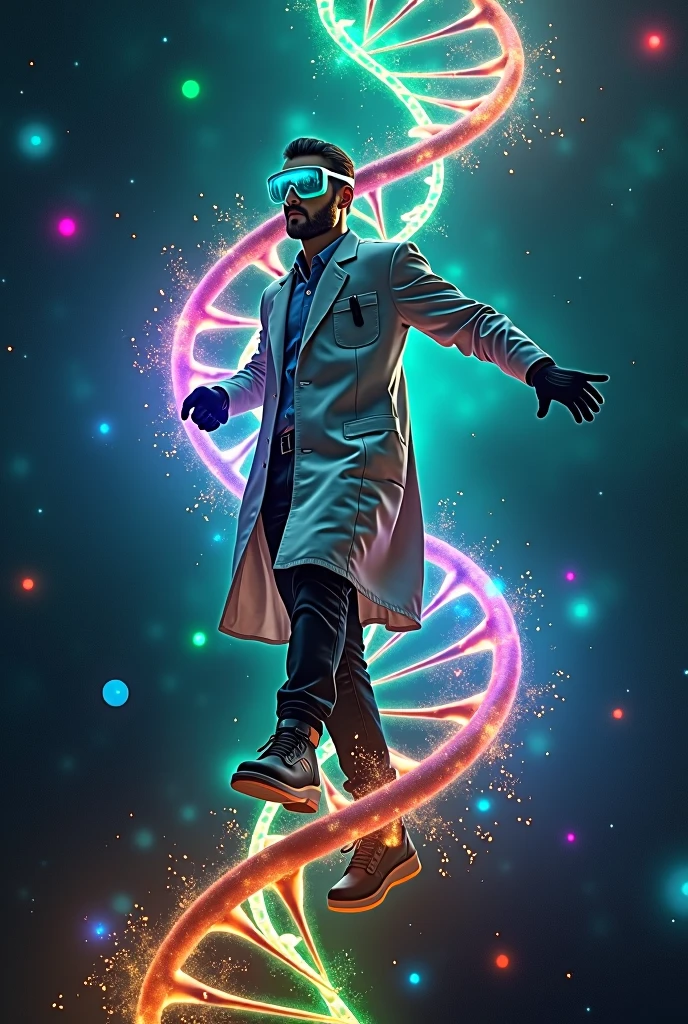 a scientist, surfing a DNA molecule with four bases colours