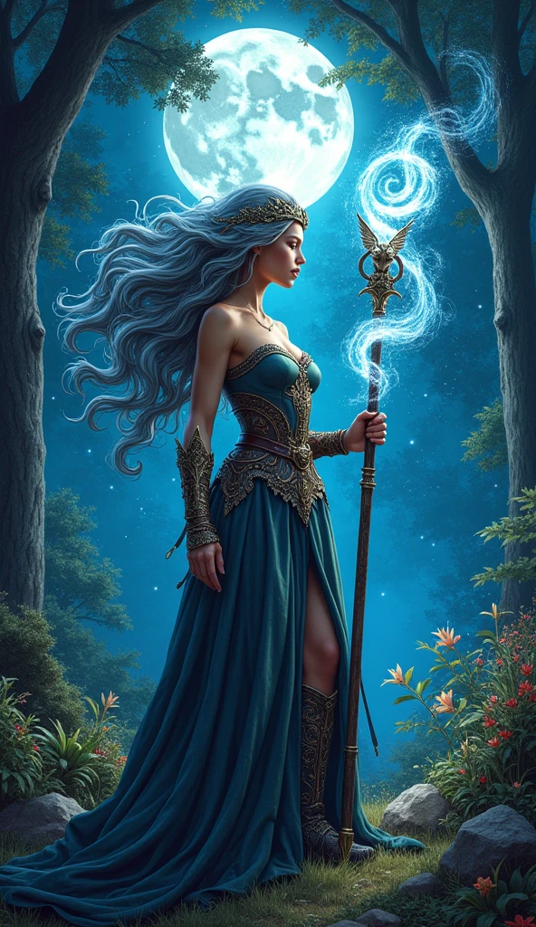 comic art  ((larry elmore style)), dnd art, rpg art, realistic art, female human druid of the stars, guardian of nature, controlling magical energy made of stars, swirling blue stary magical light, divine symbols (1.5 intricate details, Masterpiece, best quality), human female,  extremally beautiful, ultra feminine, dynamic hair, dynamic hair color, wearing leather armor, holding a staff, moon light, stars,  dynamic natural background,  RPG art, magical atmosphere magic-fantasy-forest, high details, best quality, 16k, [ultra detailed], masterpiece, best quality, (extremely detailed), dynamic angle, ultra wide shot, photorealistic, ((fantasy art)) ultra best realistic, best details, best quality, 16k, [ultra detailed], masterpiece, best quality, (extremely detailed), ultra wide shot, photorealism, depth of field, hyper realistic painting, 3D rendering