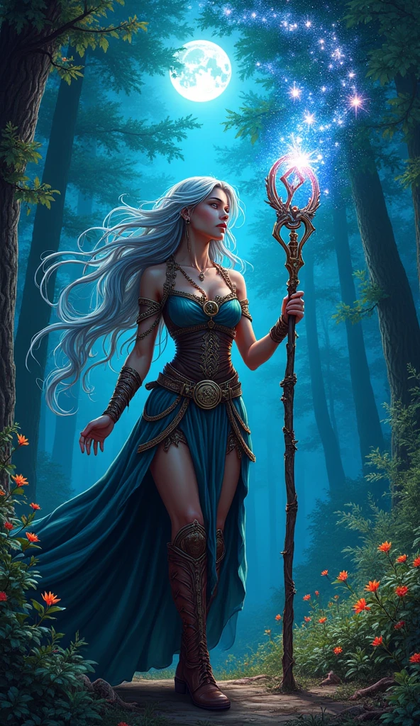 comic art  ((larry elmore style)), dnd art, rpg art, realistic art, female human druid of the stars, guardian of nature, controlling magical energy made of stars, swirling blue stary magical light, divine symbols (1.5 intricate details, Masterpiece, best quality), human female,  extremally beautiful, ultra feminine, dynamic hair, dynamic hair color, wearing leather armor, holding a staff, moon light, stars,  dynamic natural background,  RPG art, magical atmosphere magic-fantasy-forest, high details, best quality, 16k, [ultra detailed], masterpiece, best quality, (extremely detailed), dynamic angle, ultra wide shot, photorealistic, ((fantasy art)) ultra best realistic, best details, best quality, 16k, [ultra detailed], masterpiece, best quality, (extremely detailed), ultra wide shot, photorealism, depth of field, hyper realistic painting, 3D rendering
