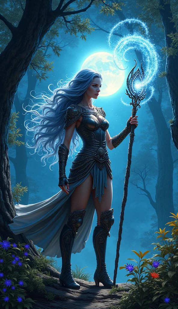 comic art  ((larry elmore style)), dnd art, rpg art, realistic art, female human druid of the stars, guardian of nature, controlling magical energy made of stars, swirling blue stary magical light, divine symbols (1.5 intricate details, Masterpiece, best quality), human female,  extremally beautiful, ultra feminine, dynamic hair, dynamic hair color, wearing leather armor, holding a staff, moon light, stars,  dynamic natural background,  RPG art, magical atmosphere magic-fantasy-forest, high details, best quality, 16k, [ultra detailed], masterpiece, best quality, (extremely detailed), dynamic angle, ultra wide shot, photorealistic, ((fantasy art)) ultra best realistic, best details, best quality, 16k, [ultra detailed], masterpiece, best quality, (extremely detailed), ultra wide shot, photorealism, depth of field, hyper realistic painting, 3D rendering