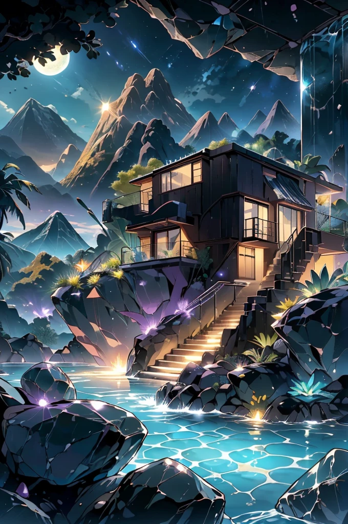 small and beautiful modern house in top of big boulders, terraces, pool, stairs, multiple cacti gardens, palms, trees, rocks, beautiful landscape design, mountains and volcano y background, amazing clouds, sun, moon, planets, milky way galaxy, concrete, wood, glass and steel materials, olive green, violet, orange and withe colors in facade