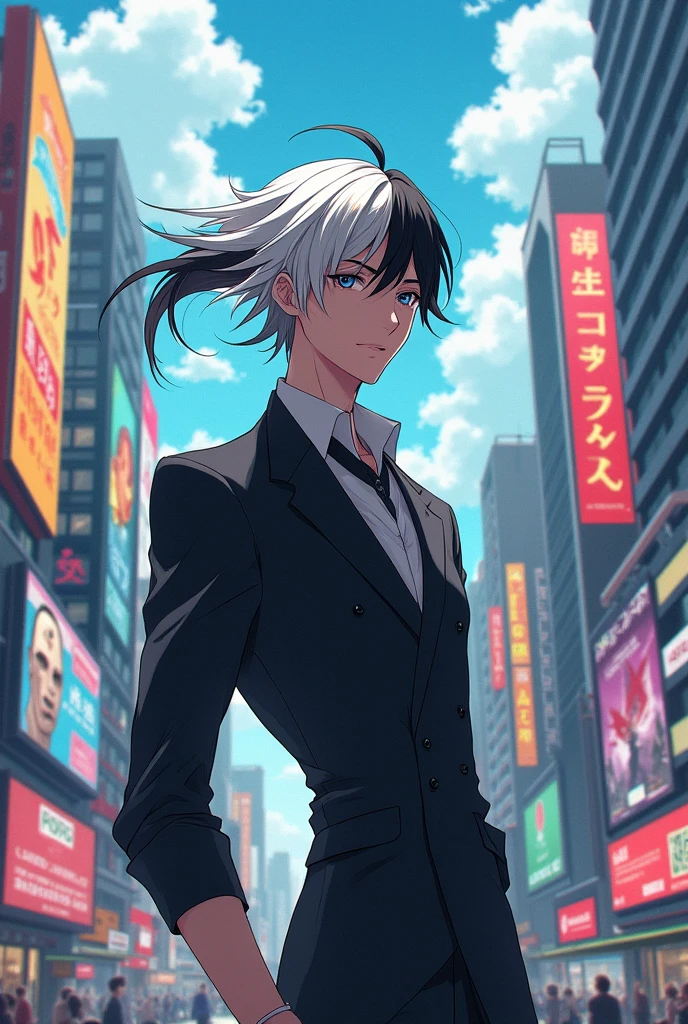 Character My hero academi man half black and white hair, tall and slender, low muscle mass, kind, dark silver eyes, confident personality