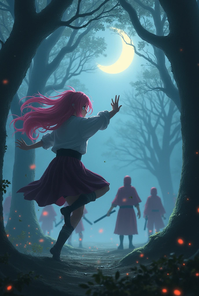 Sakura fighting in a foggy night forest with red ninjas while sasuke and naruto watch her