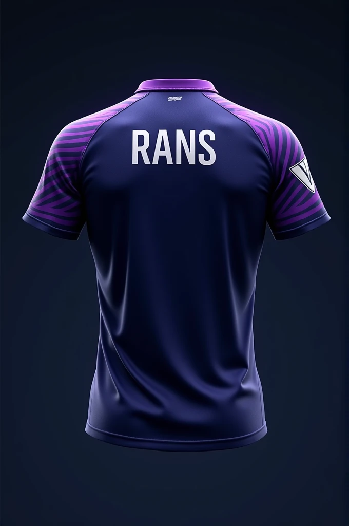 Mobile Legends Esports Team Jersey Back, Player Name "RANS": The name will be placed in the center of the back, with modern and bold fonts. The font color can be white or light blue., provides a clear contrast to the navy base color of the jersey.Purple Collar: The jersey collar will be purple, provides an interesting accent and adds character to the design. This purple color also blends with other motifs on the jersey., create a harmonious impression.Purple Striped Motif on Sleeves: Around the arm, there will be a purple striped motif in the shape of letters "in" the upside down. What makes this unique is that the line continues from front to back., forms a diagonal line-like pattern when viewed from the side. This creates a cool visual effect., as if the jersey has a reverse feature with dynamic slashes.Primary Colors: The back of the jersey will remain predominantly navy blue., which gives a strong and elegant impression. Purple and blue accents on the collar and sleeves provide a modern and stylish touch..Desain ini memastikan bahwa jersey tim inortex Elite tidak hanya terlihat profesional, but also unique and full of character. All these details are designed to create a strong impression on and off the field.