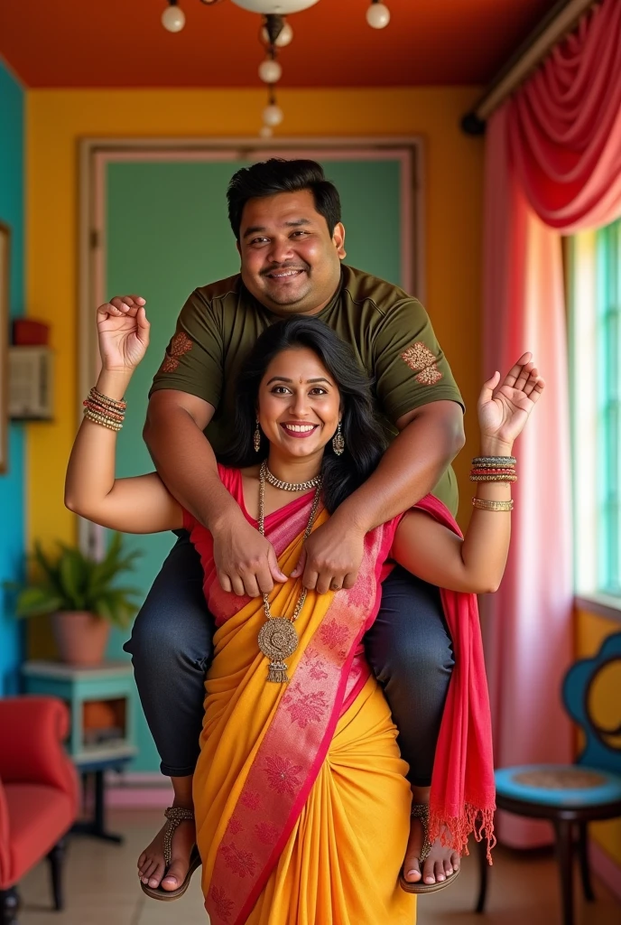 Create a realistic photograph of a smiling and beautiful indian female model in floral silk saree carrying a large chubby man on her shoulders in a room, man is sitting on top of her shoulders , man on top, woman at bottom