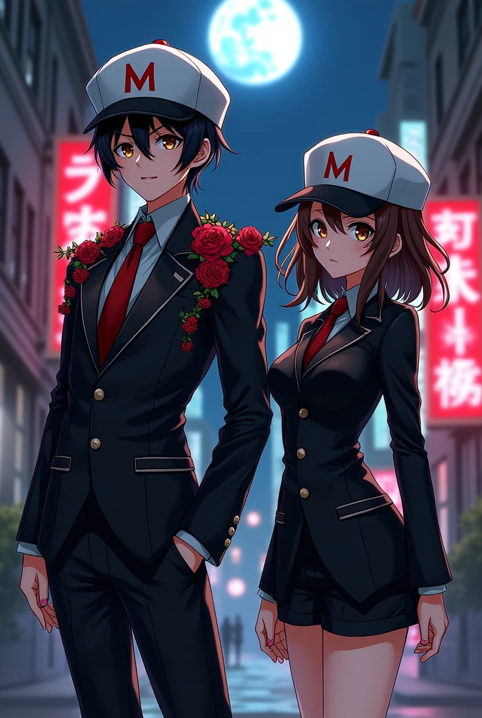 an anime man with black hair and dark brown eyes and he is wearing a black suit with dark red rose vines twirling around his shoulders and he is wearing a white cap which has a M written on it in red and he is standing with an anime woman with long middle brunette hair and dark brown eyes and she is wearing a black outfit with black socks and black boots and she has the same cap as the anime man  