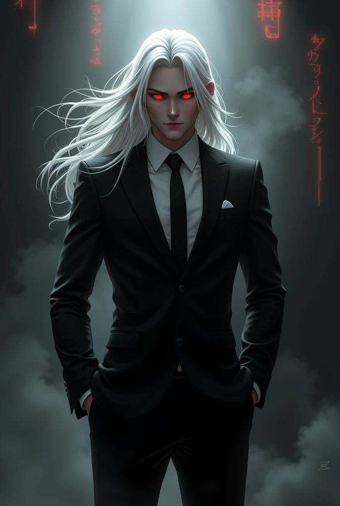 (Anime 3:2) Handsome Man, White Long Hair, Bright Red Eyes, Black Suit, Dark Gray Shinigami Background