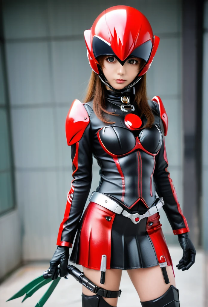 Wearing a revealing combat suit、Female Kamen Rider、miniskirt、Red big eye helmet