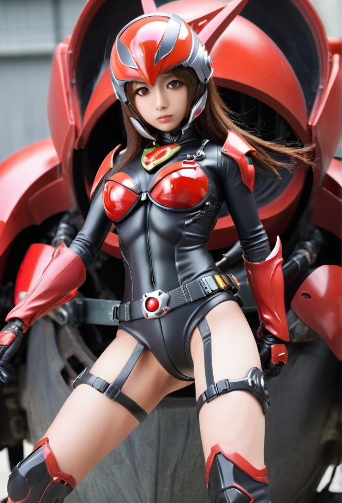 Wearing a revealing combat suit、Female Kamen Rider、miniskirt、Red big eye helmet