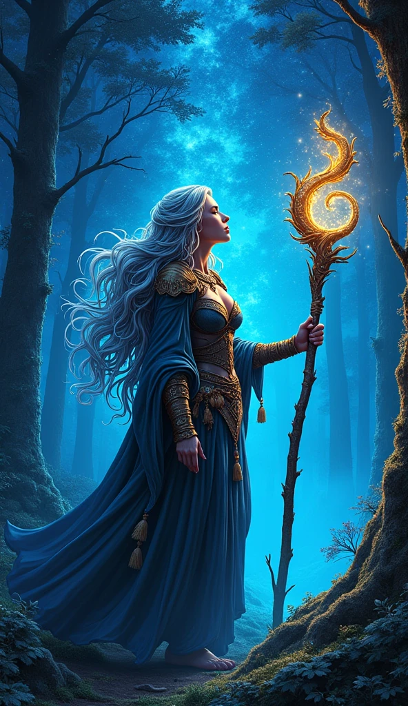 comic art  ((larry elmore style)), dnd art, rpg art, realistic art, female human druid of the stars, guardian of nature, controlling magical energy made of stars, swirling blue stary magical light, divine symbols (1.5 intricate details, Masterpiece, best quality), human female, busty, extremally beautiful, ultra feminine, dynamic hair, dynamic hair color, wearing leather armor, holding a staff, moon light, stars,  dynamic natural background,  RPG art, magical atmosphere magic-fantasy-forest, high details, best quality, 16k, [ultra detailed], masterpiece, best quality, (extremely detailed), dynamic angle, ultra wide shot, photorealistic, ((fantasy art)) ultra best realistic, best details, best quality, 16k, [ultra detailed], masterpiece, best quality, (extremely detailed), ultra wide shot, photorealism, depth of field, hyper realistic painting, 3D rendering