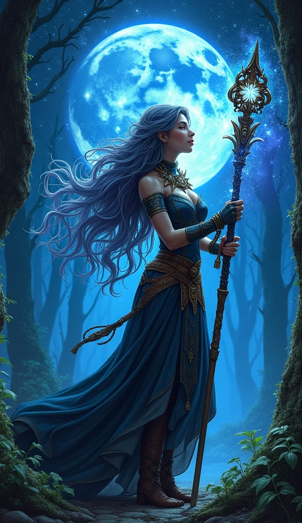 comic art  ((larry elmore style)), dnd art, rpg art, realistic art, female human druid of the stars, guardian of nature, controlling magical energy e of stars, swirling blue stary magical light, divine symbols (1.5 intricate details, Masterpiece, best quality), human female, busty, extremally beautiful, ultra feminine, dynamic hair, dynamic hair color, wearing leather armor, holding a staff, moon light, stars,  dynamic natural background,  RPG art, magical atmosphere magic-fantasy-forest, high details, best quality, 16k, [ultra detailed], masterpiece, best quality, (extremely detailed), dynamic angle, ultra wide shot, photorealistic, ((fantasy art)) ultra best realistic, best details, best quality, 16k, [ultra detailed], masterpiece, best quality, (extremely detailed), ultra wide shot, photorealism, depth of field, hyper realistic painting, 3D rendering
