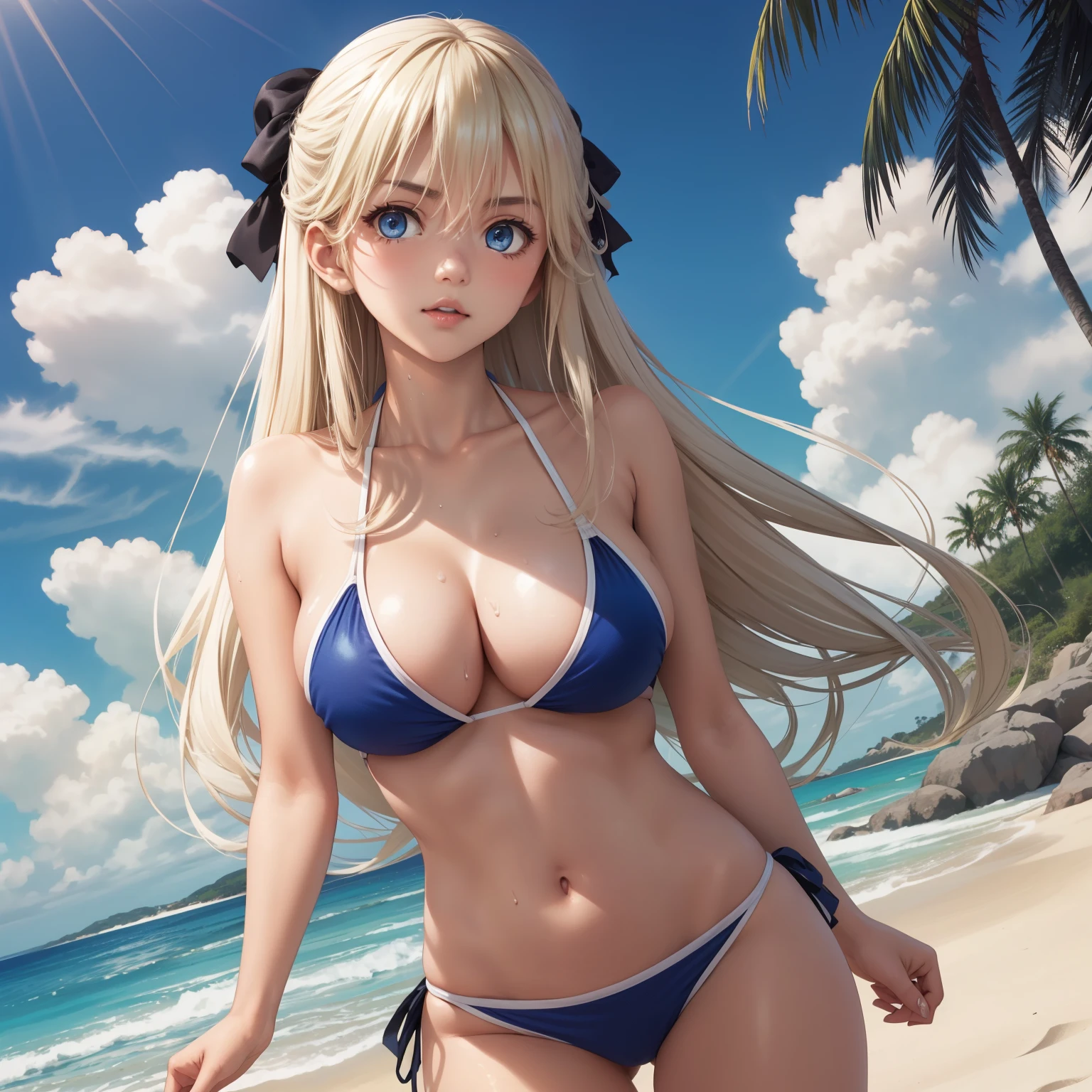Tsubasa Nanase, Woman 25 years old, straight light blonde hair , blue eyes, Pale skin, big breasts, panther design bikini, background a beach. wet body