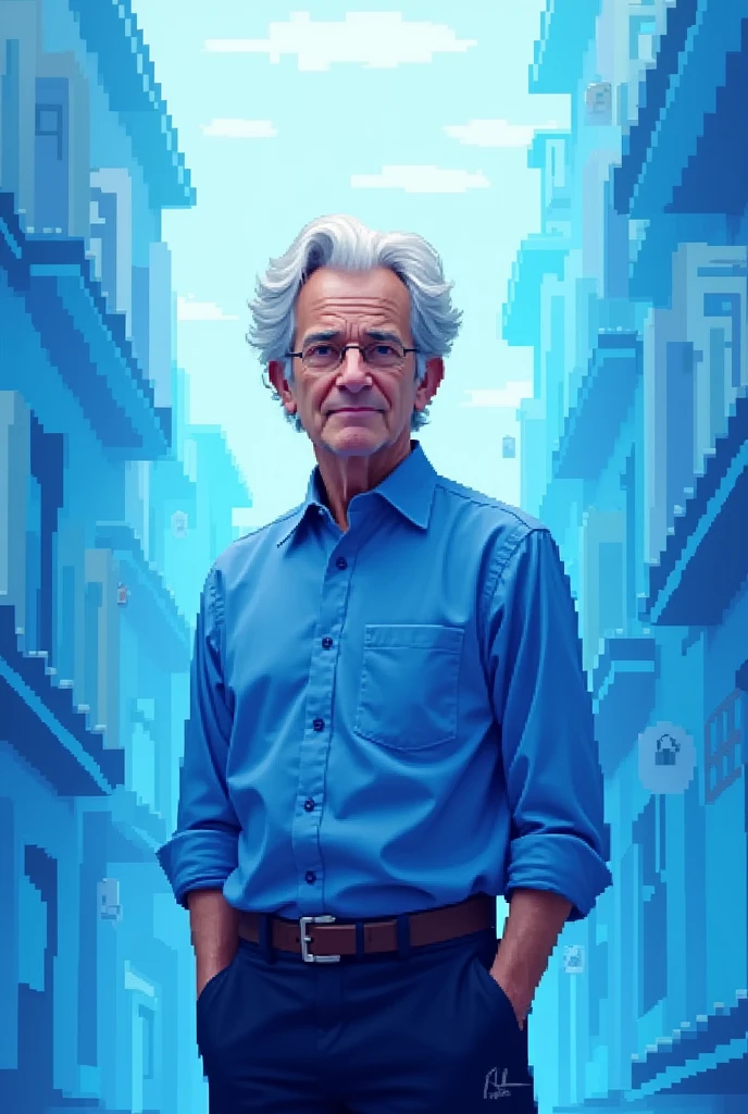 Cerny is Professor Emeritus of
Politics and Global Affairs at the
University of Manchester and
Rutgers University-Newark standing with blue shirt and with pixel art style ,  just standing  with blue theme 