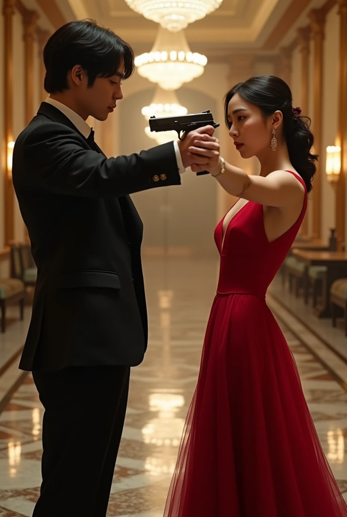 Make singer Jeon Jungkook from BTS with actress Jung So-Min from the drama Alchemy of Souls, Both of them are pointing guns at each other and are wearing formal attire.