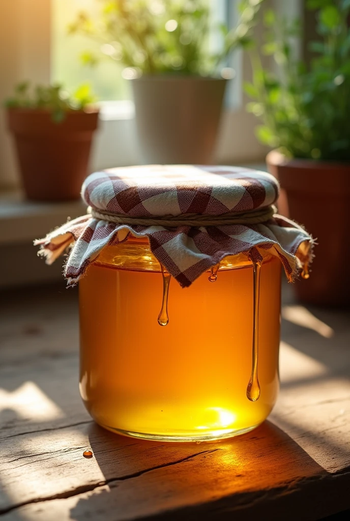 Jar of honey on a wooden table, On the cover there is a checkered cloth