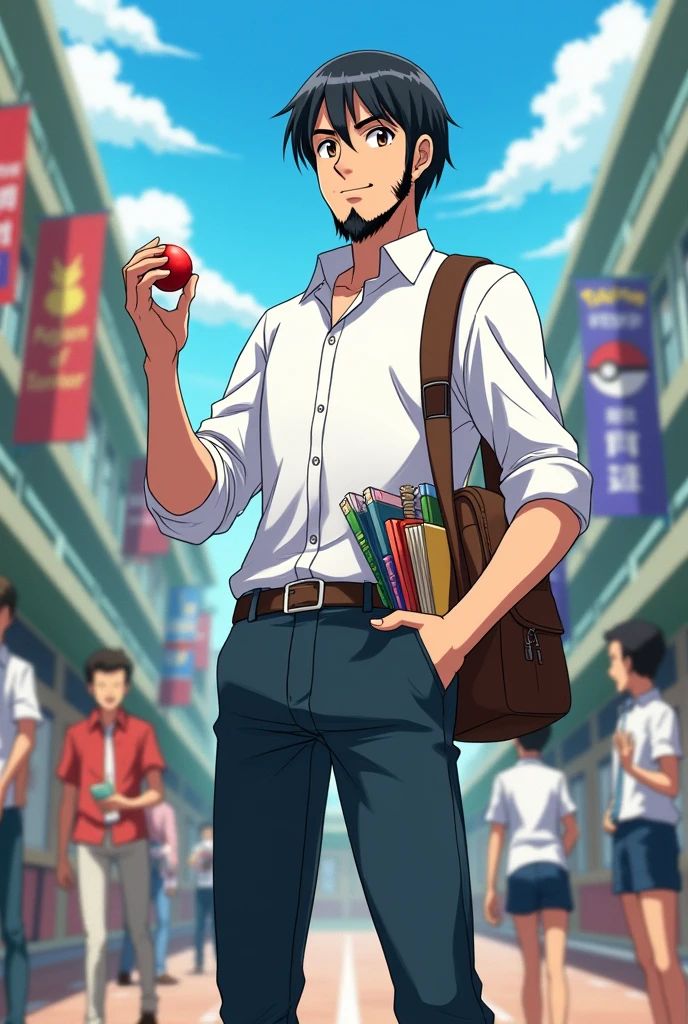 Anime pokemon style, Short black straight haired, slim teacher with full beard and mustache, right hand holding a pokeball. Left hand holding books, wearing a white shirt and a bag on the right leg with some school supplies. School
