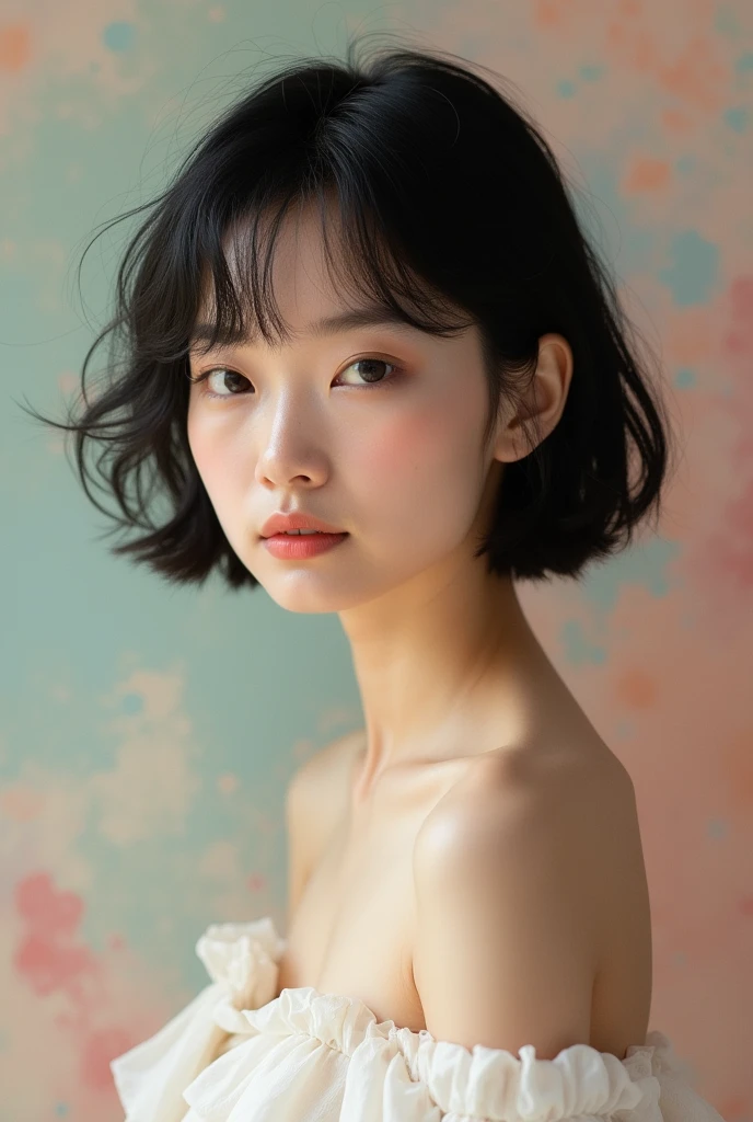 Woman with medium to white skin, ectomorfo, big asian eyes, mesorino nose, medium lips, mesocephalic, broad face, short black hair, thin and weak eyebrows, high cheekbones