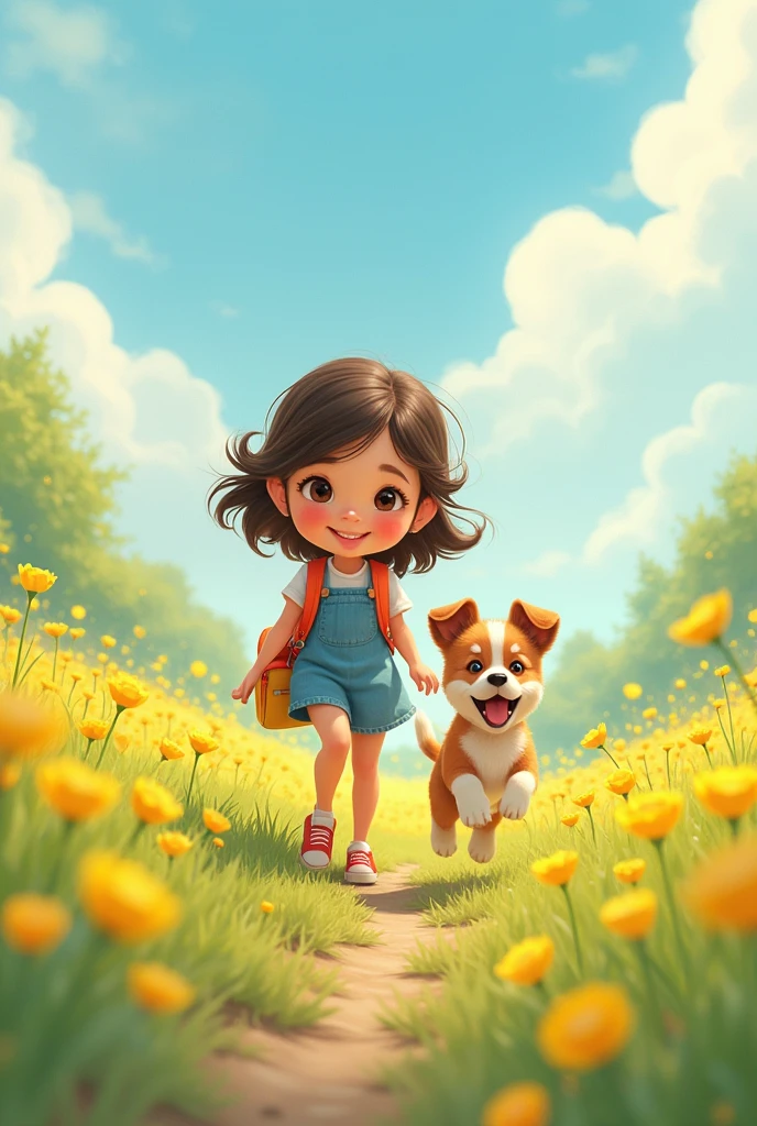 Prompt: An incredibly charming  carrying a backpack, accompanied by her adorable puppy, boy enjoying a lovely spring outing surrounded by beautiful yellow flowers and natural scenery. The illustration is in high definition at 4k resolution, with highly-detailed facial features and cartoon-style visuals.