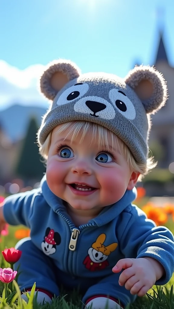 1 years old baby boy. He has light skin, short light blond hair with bangs. Blue eyes. He is smiling brightly. he is wearing a gray hat with bear face. He is wearing a blue hoodie with in mickey mouse aesthetics. Character should be colorful and have a fun, friendly look, with exaggerated, expressive features. Big expressive eyes and smiling mouth. Pixar style