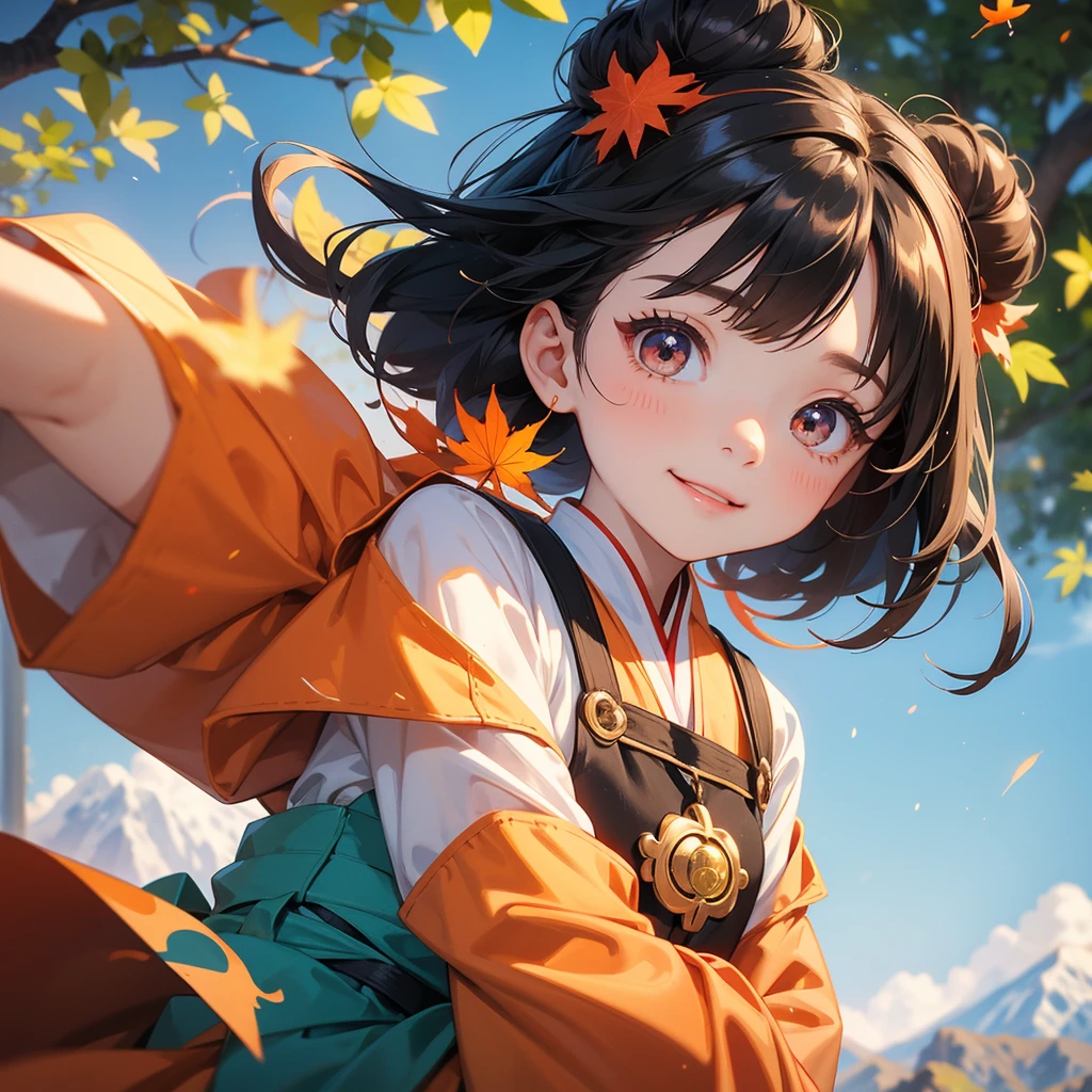 A chibi child girl had a small face and Wearing a little Taoist priest's outfit. A pair of big round eyes shone with curiosity about him. This child was so cute! The backdrop is a mountain that turns orange-red in spring, and maple leaves fall from the trees, her hair is black with two buns on her hair.small chibi, chibi baby, smiling ,Chibi. Sunset.
